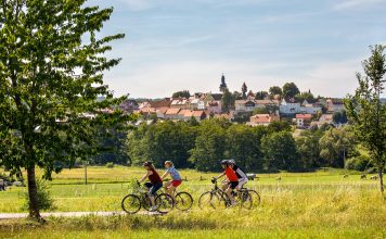 Eine Gruppe von vier Radfahrern fährt von rechts nach links im Vordergrund duch das Bild. Der gerade verlaufende Radweg geht durch grüne Wiesen und Felder. Am linken Bildrand steht ein großer, grüner Laubbaum, am rechten ein kleiner. Im Hintergrund steigt nach einer Baumreihe die kleine Stadt Herbstein auf einem Bergrücken emport. Im Zentrum sind deutlich zwei Kirchtürme und ein Turm der Stadtmauer zu erkennen.